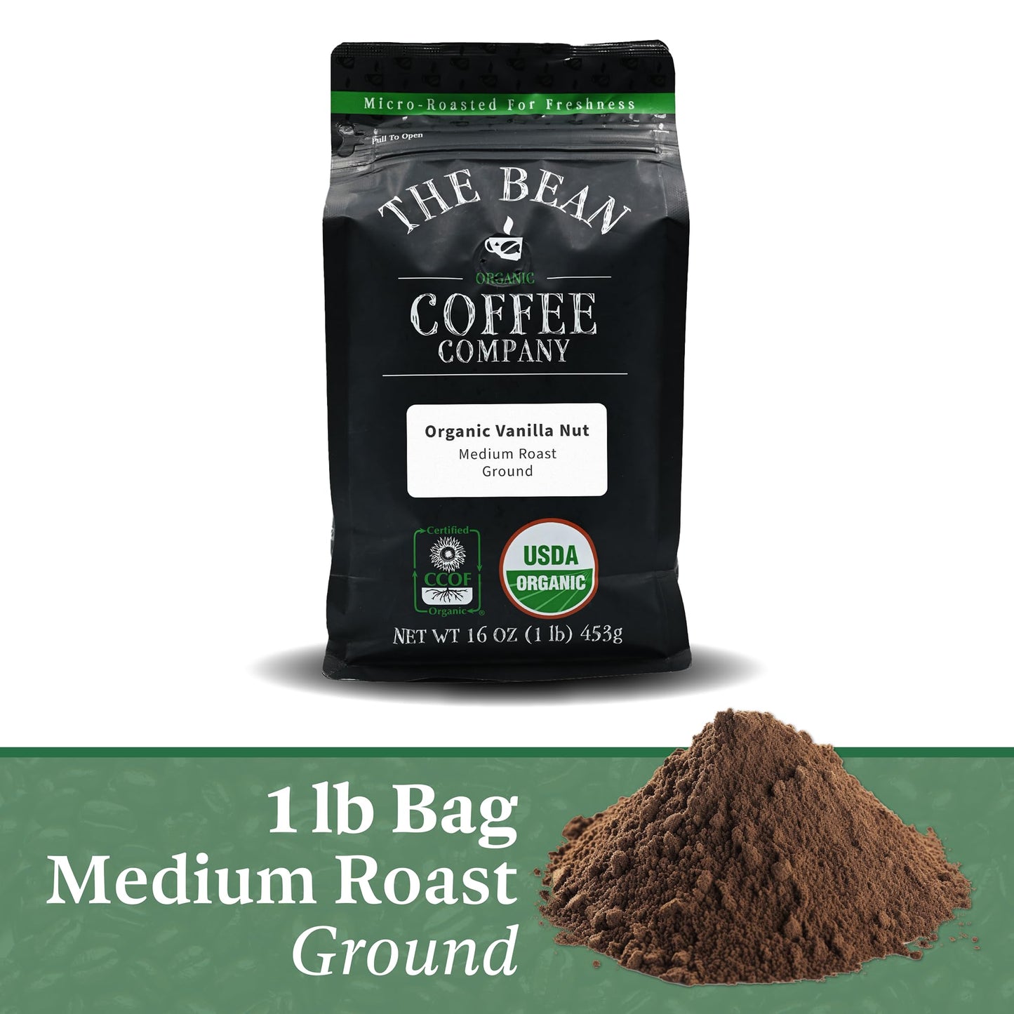 The Bean Organic Coffee Company Vanilla Nut, Medium Roast, Ground Coffee, 16-Ounce Bag,Café Molido Tostado Organico