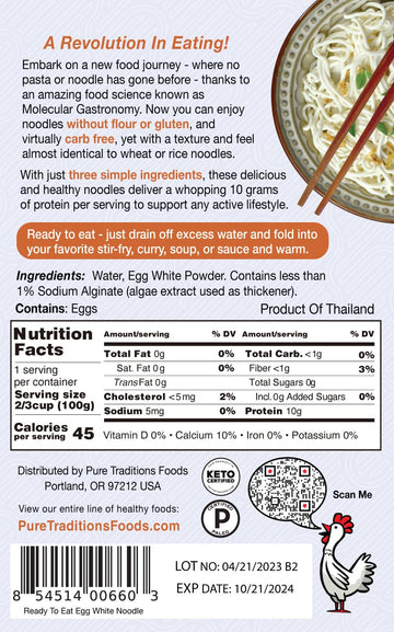 Pure Traditions Keto Noodles - Egg White, 10G Protein, 1G Carbs, Ready to Eat, 3.5 Ounce (Pack of 6)