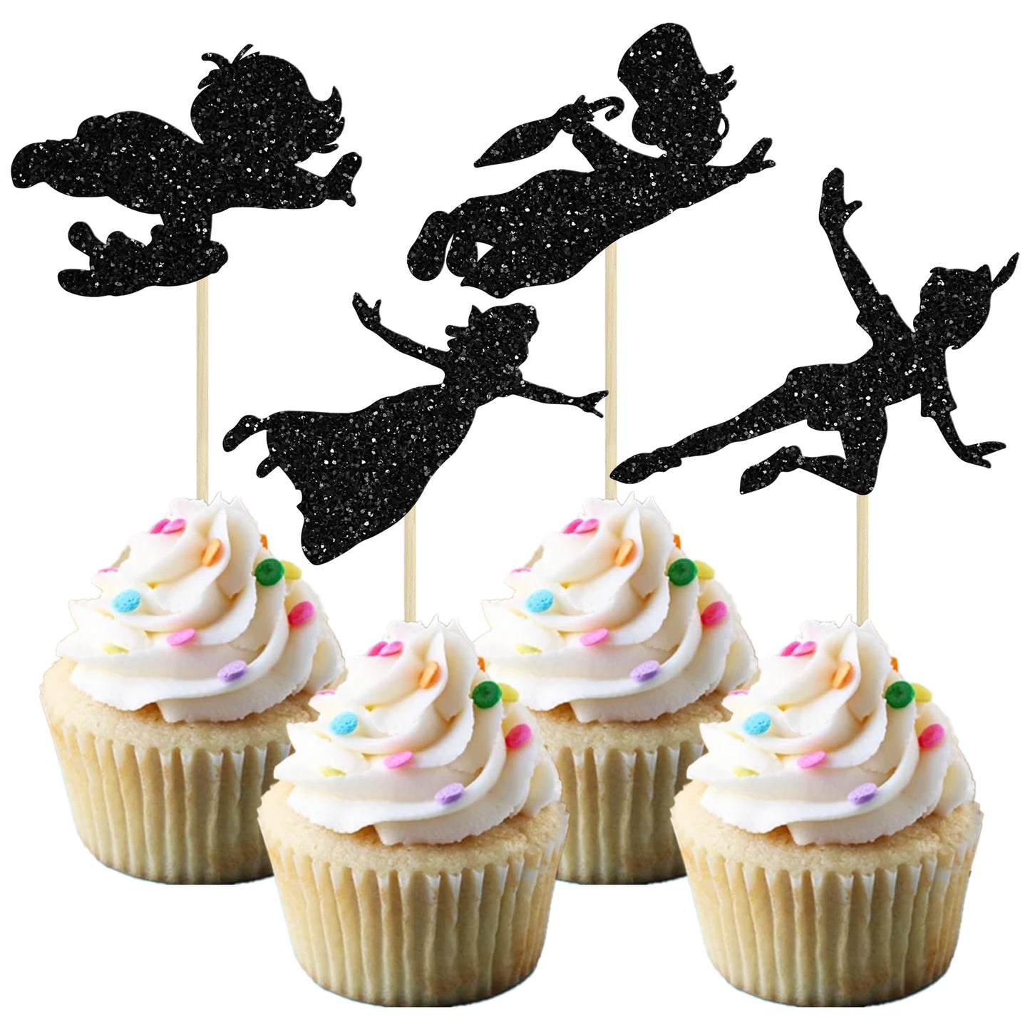 Gyufise 24 Pack Black Glitter Never Grow Up Cupcake Toppers P Pan Cake Toppers Baby Shower Never Grow Up Cupcake Picks For Neverland Theme Boys Girls 18+ Uses Birthday Party Cake Decorations