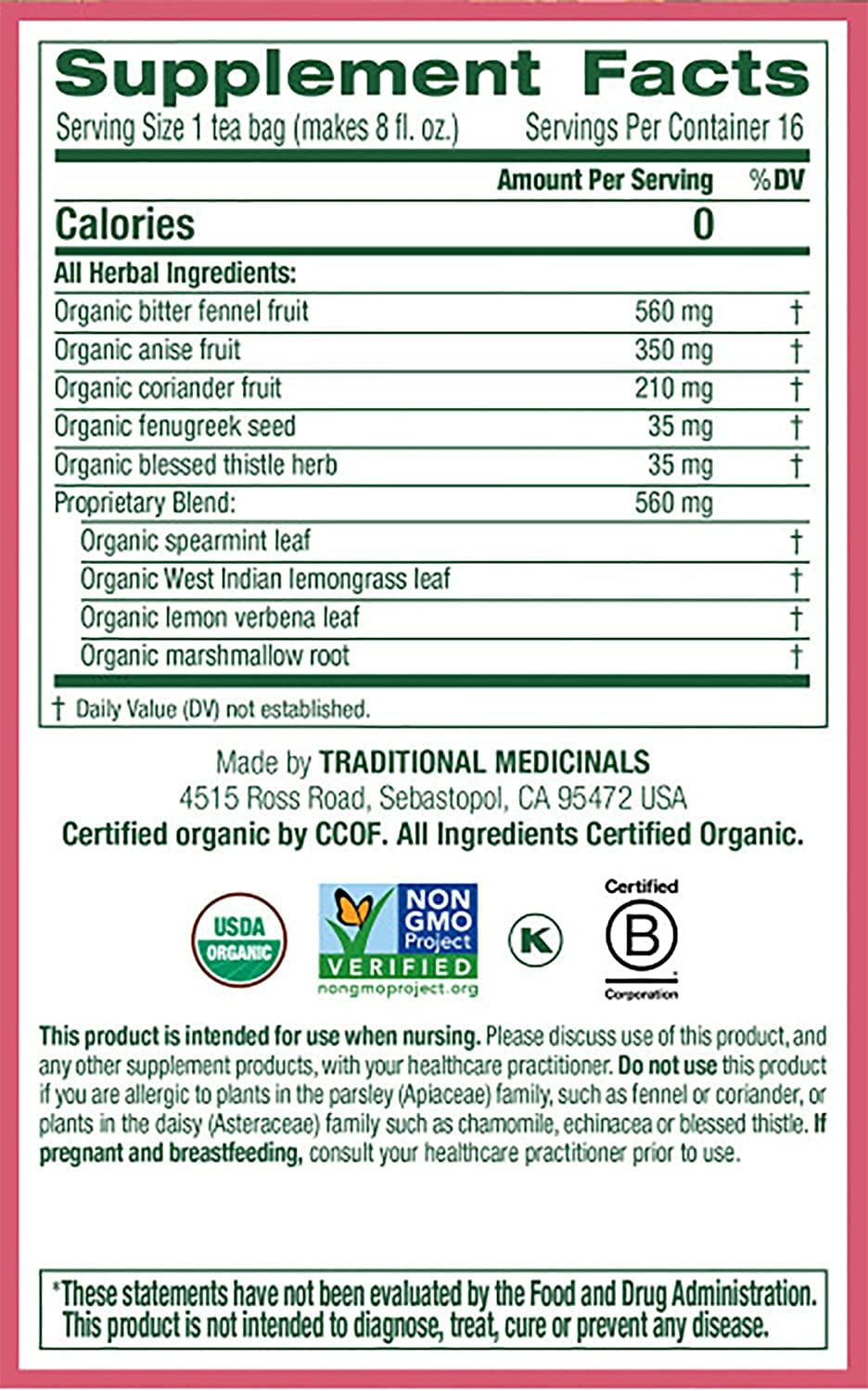 Traditional Medicinals Organic Mothers Milk Herbal Tea, Promotes Healthy (16 Count (Pack Of 4))