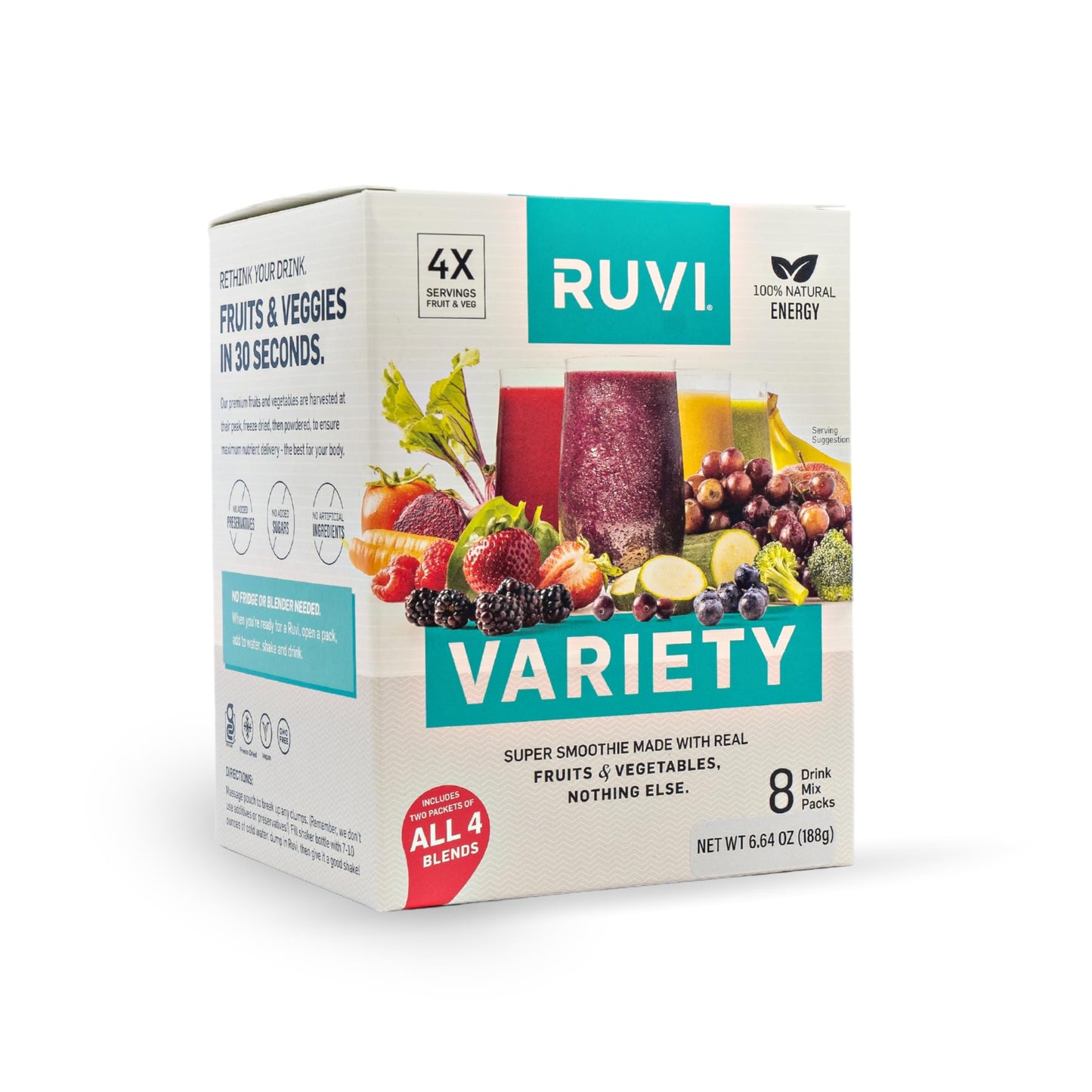 Ruvi Natural Energy Smoothies | Variety 8-Pack | Fruit and Vegetable Drink Mix | Freeze-Dried Powder | Delicious Flavor Variety
