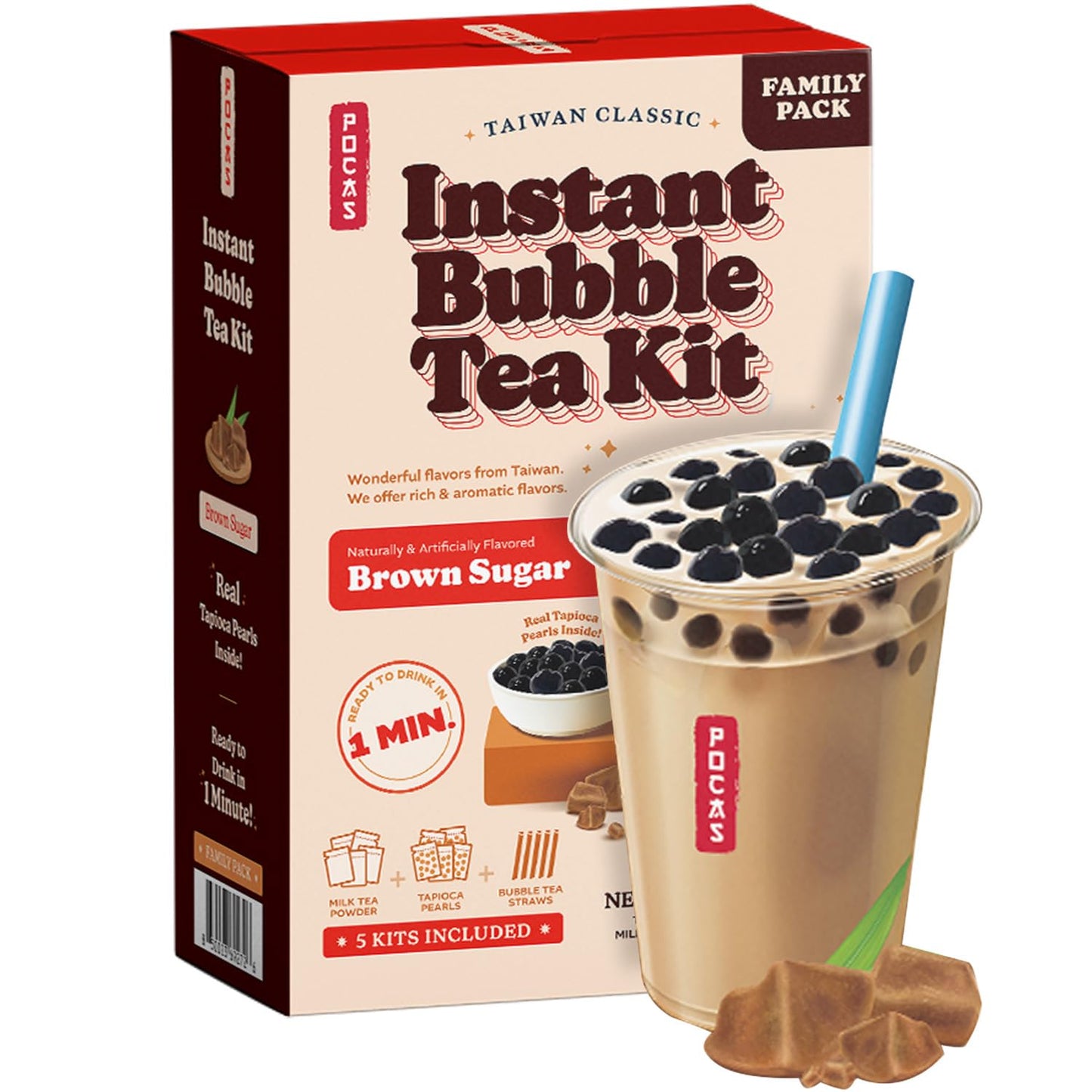 Pocas Bubble Tea Kit, Brown Sugar - Instant Milk Tea Powder with Authentic Tapioca Pearls for Instant Bubble Tea, 5 Kits