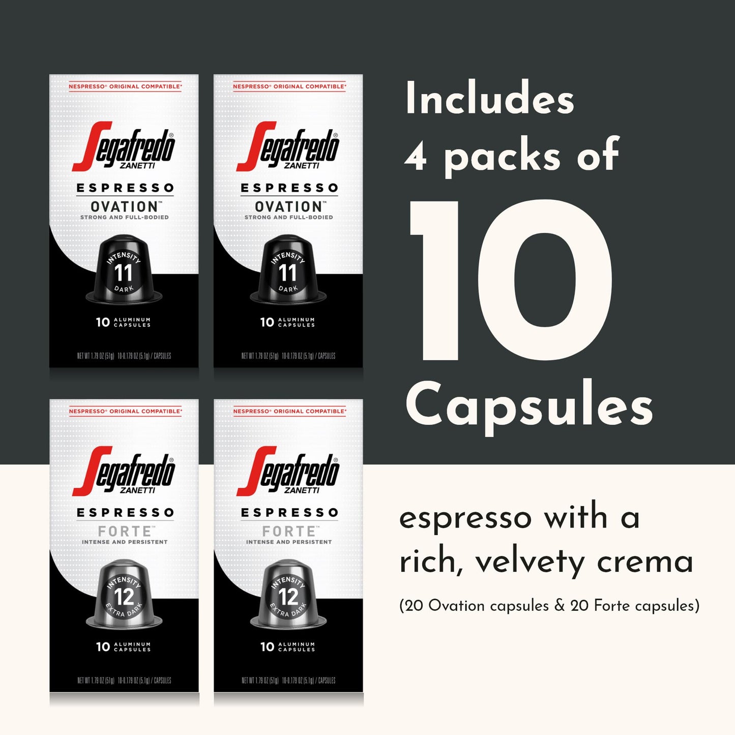 Segafredo Zanetti Espresso compact pieces, Ovation & Forte Variety Pack, Dark Roast, 10 Count (Pack of 4)