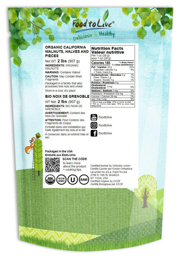 Food To Live Organic California Walnuts Halves & Pieces, 2 Pounds - Non-Gmo, Raw, Unsalted, Shelled, Vegan, Sirtfood, Bulk. High