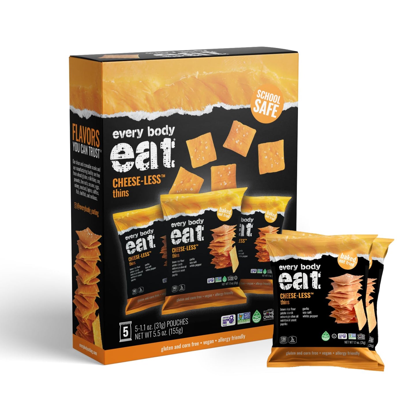 Every Body Eat Snack Cracker Thins Multi-Pack, Cheese-Less - Gluten Free, Vegan, Dairy Free, and Seed Oil Free, (1.1oz Pack of 5