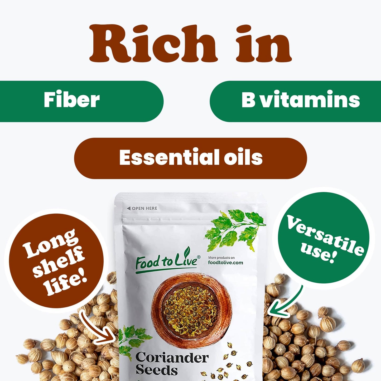 Food to Live - Whole Coriander Seeds, 1 Pound Non-GMO Verified, Dried Cilantro Seeds, Vegan, Kosher, Bulk. Rich in Antioxidants.