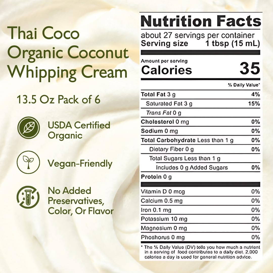 Thai Coco - Organic Coconut Whipping Cream Dairy & Lactose Free - 13.5 Oz. 6 Pk