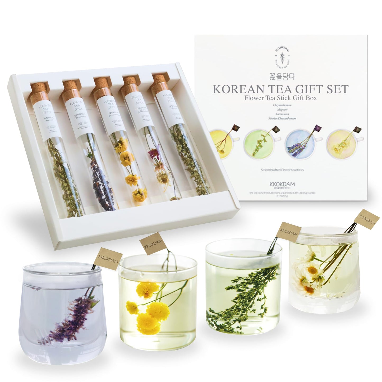 KKOKDAM Tea Gift Set - Flower Tea Stick Variety Pack - Loose Leaf Tea, Blooming Tea Flowers, Korean Tea Set, Unique Tea Gifts, F