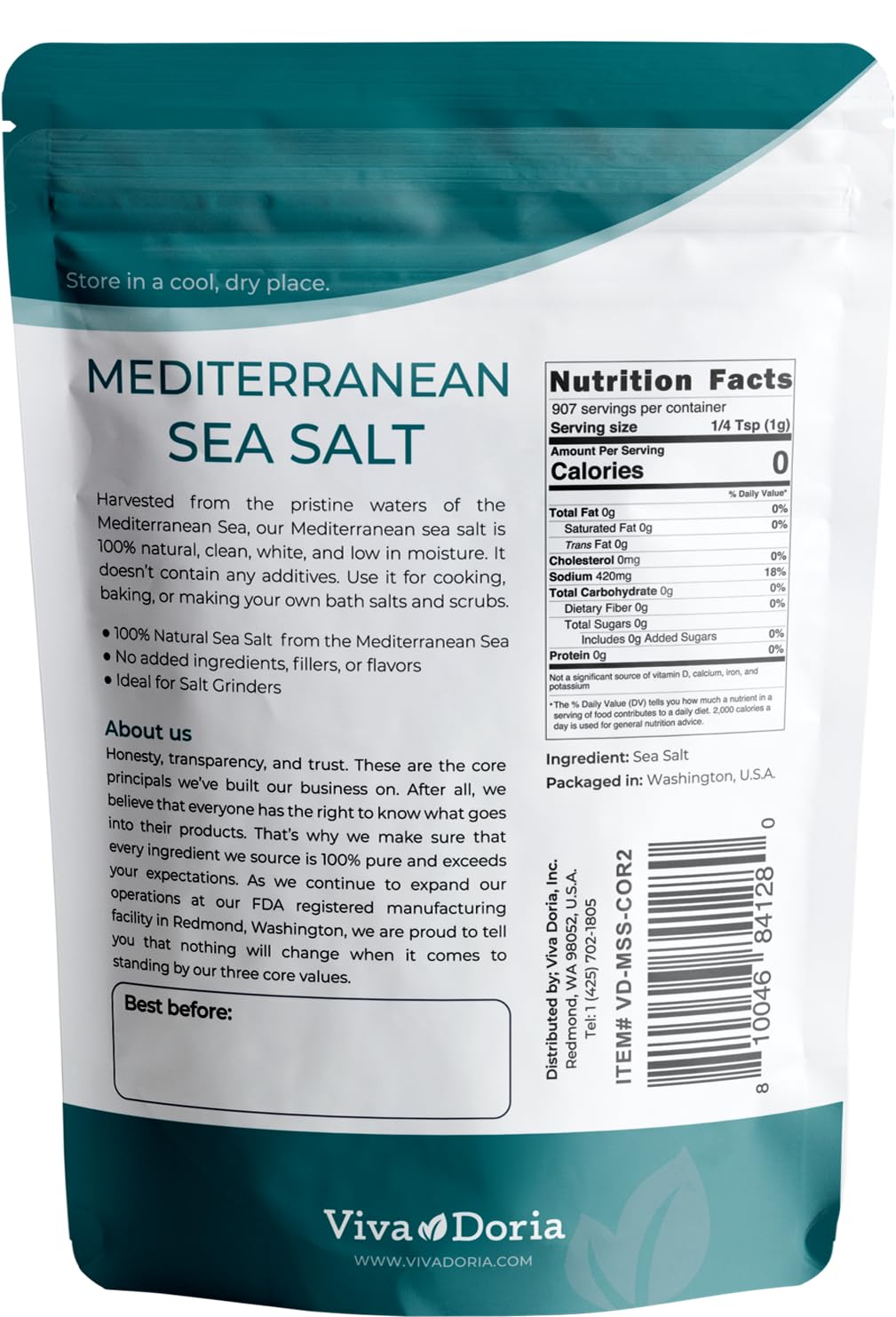 Viva Doria Mediterranean Sea Salt, Coarse Grain, 2 lb