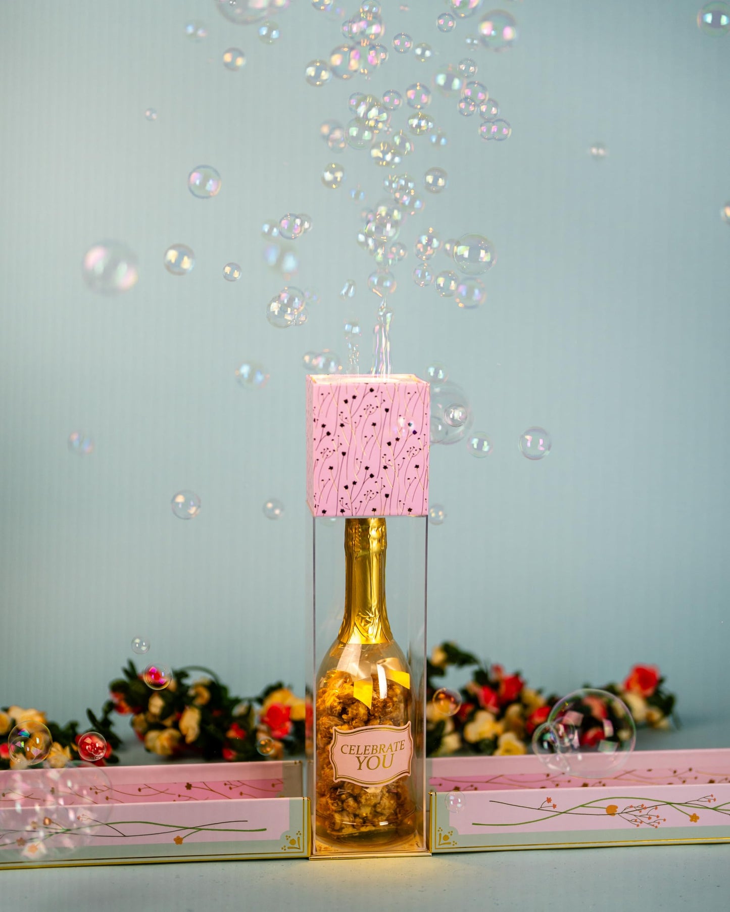 Birthday Floral Bubble Box With Caramel White Chocolate Popcorn By Send A Cake, Ready To Gift, No Assembly Required - Unique Happy Birthday Gift For Women, Men, Sister, Mom, Dad, Best Friend