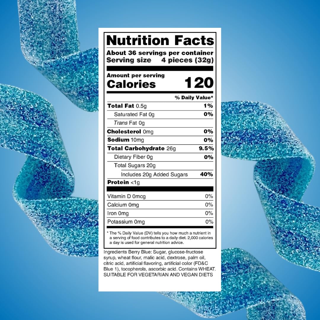 Sour Power Berry Blue Candy Belts - Vegan, Non-GMO, 2.5 lb Resealable Tub - Soft & Chewy Retro