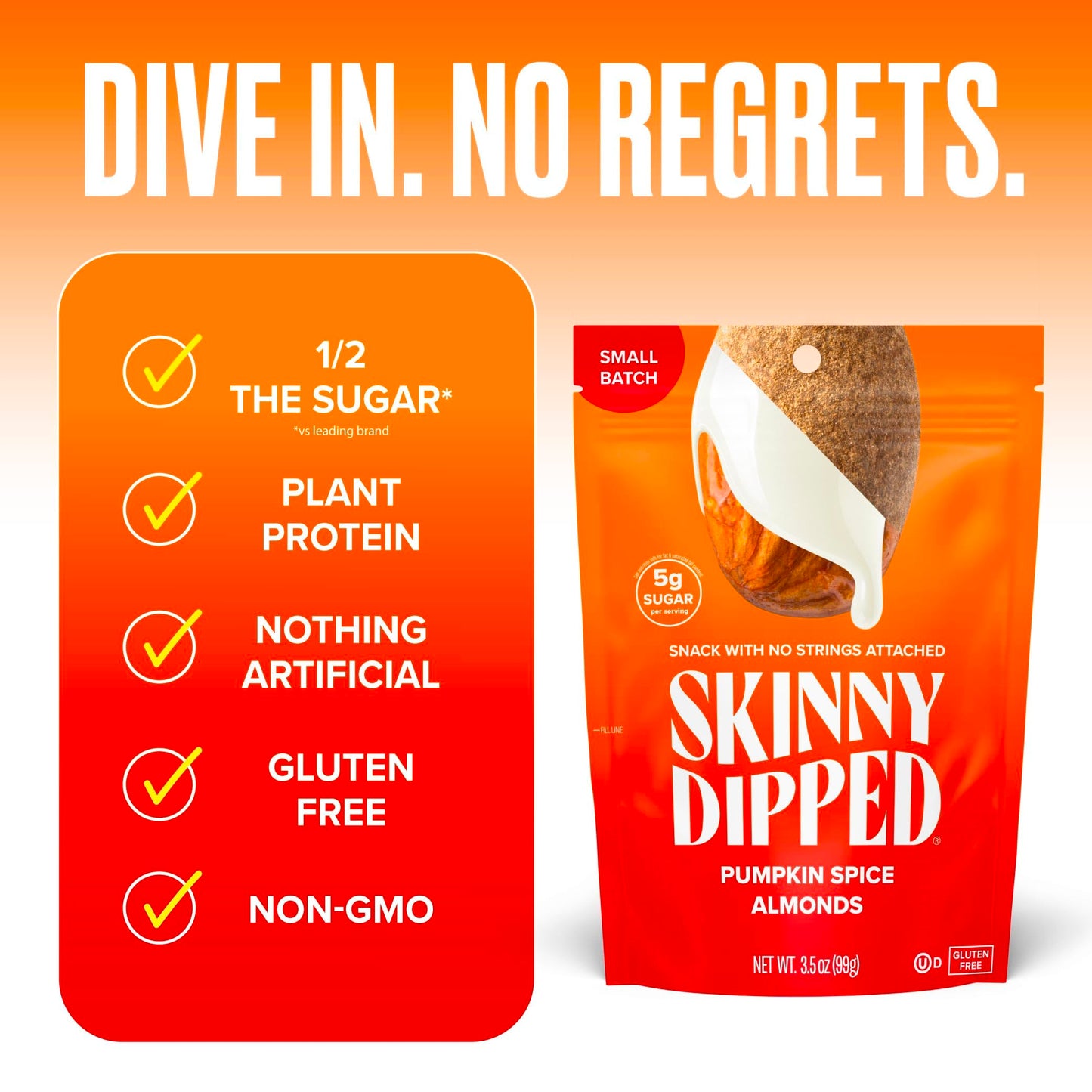 Skinnydipped Pumpkin Spice Almonds, Healthy Snack, Plant Protein, Gluten Free, 3.5 Oz Resealable Bags, Pack Of 5