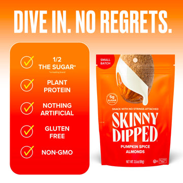 Skinnydipped Pumpkin Spice Almonds, Healthy Snack, Plant Protein, Gluten Free, 3.5 Oz Resealable Bags, Pack Of 5