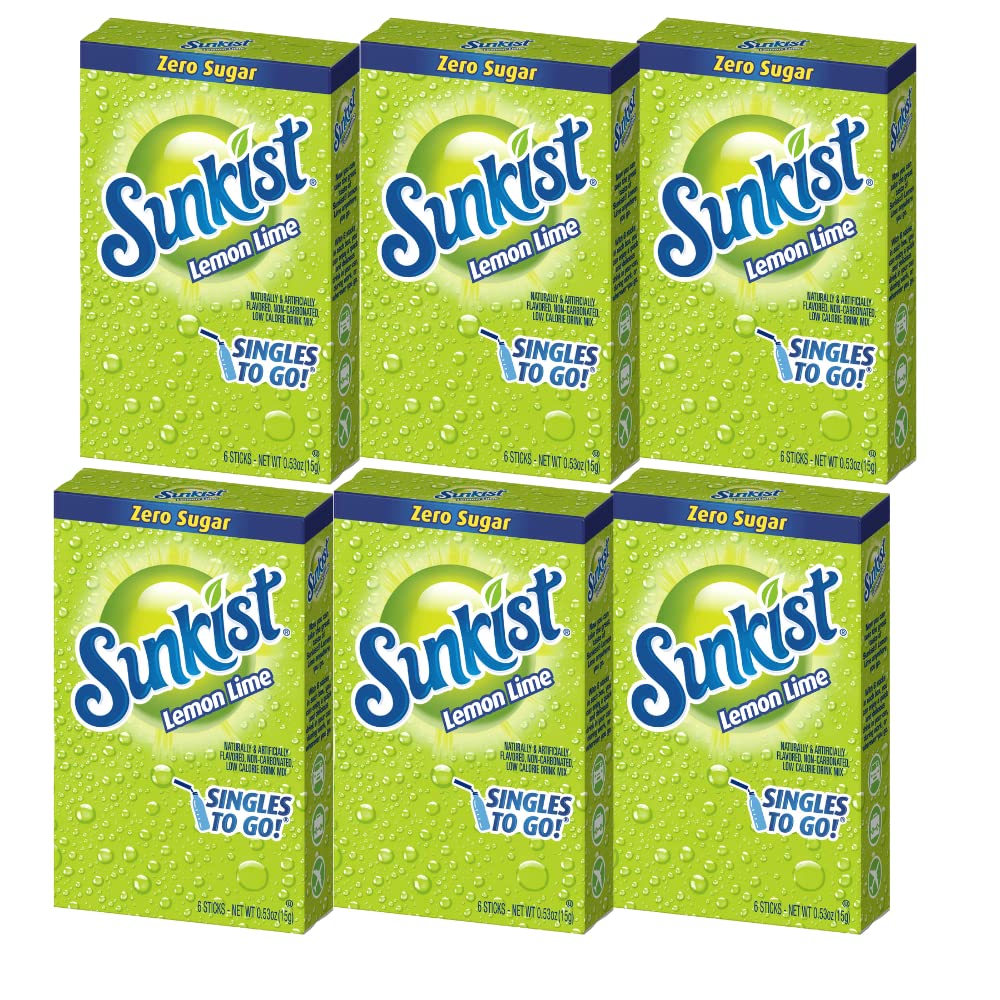 SINGLES TO GO! Drink Mix Lemon-Lime, Non-Carbonated, Low-Calorie, Zero Sugar, 6 Pack of 1 Ounce Sachets