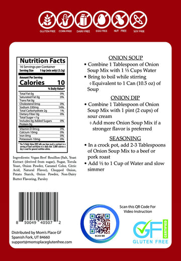 Moms Place Gluten-Free Onion Soup Mix Or Chip Dip, Nut Free, Soy Free, Vegan, Dairy Free, 16 Servings, 2.0 Oz