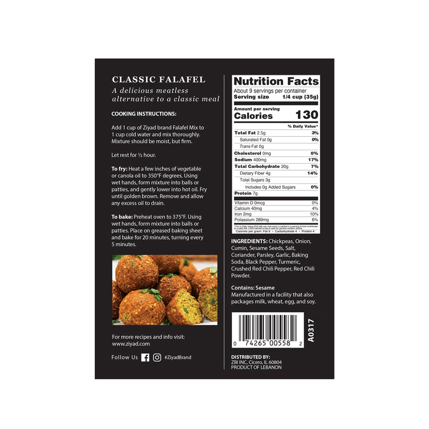 Ziyad Falafel Dry Mix, Gluten-Free, Vegan, Non-GMO, 12oz (Pack of 6)