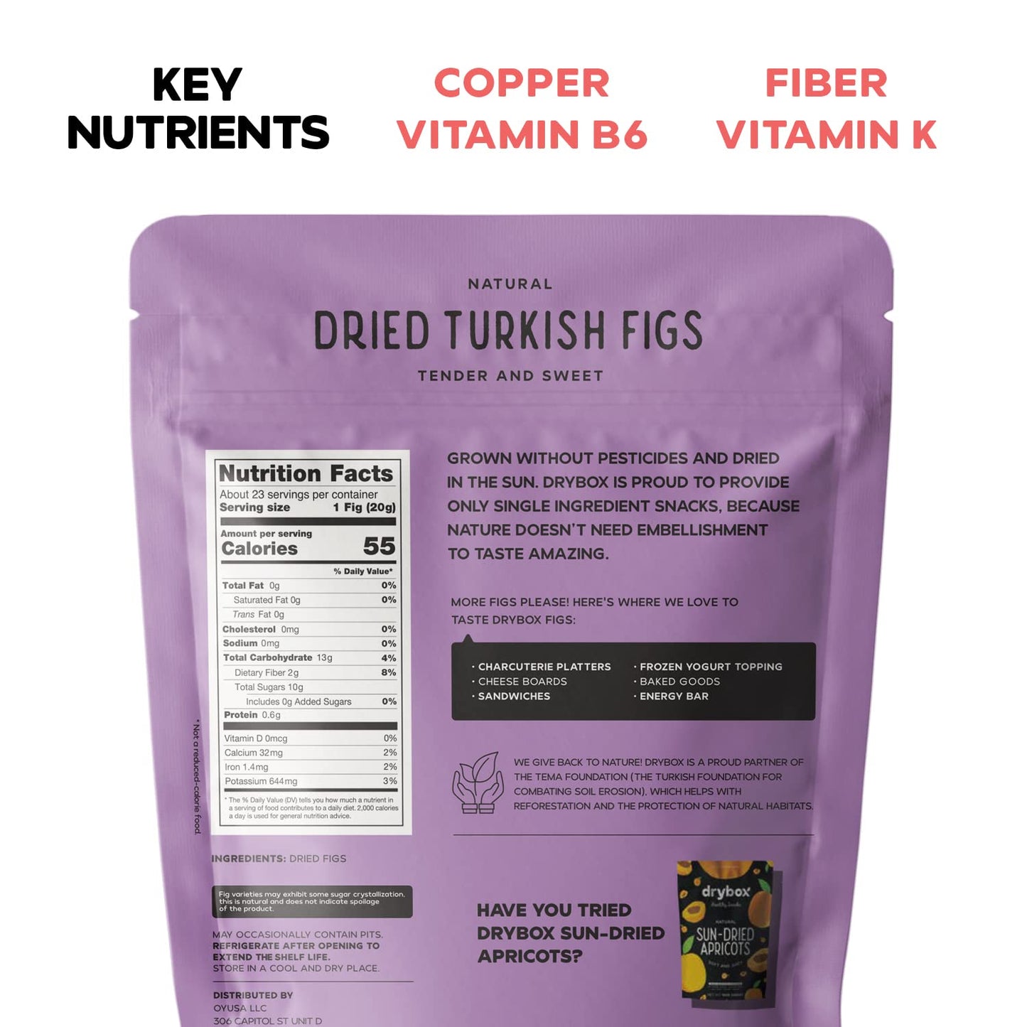 Drybox Organic Dried Turkish Figs, 2 oz per Portion Pack, No Sugar Added, Unsweetened, Non-GMO, 12 Snack Packs