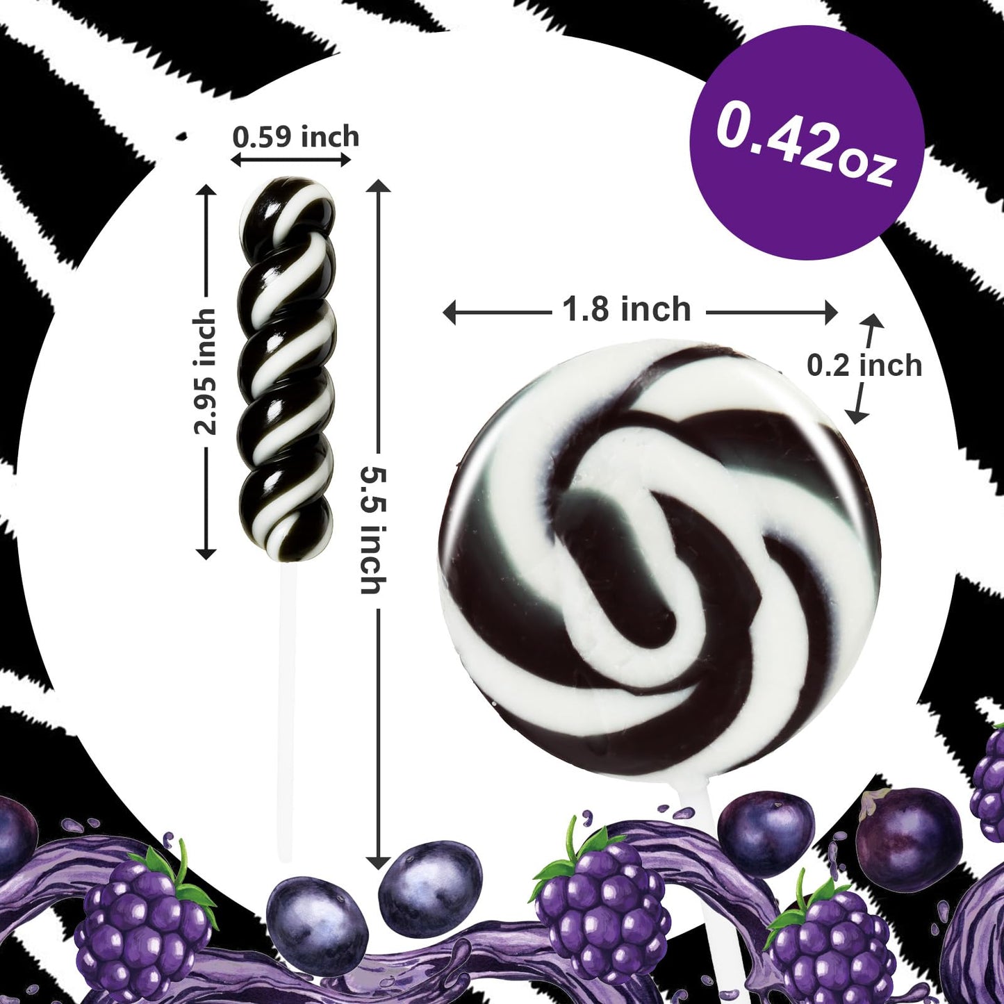 EORA Black Twisty & Swirl Lollipops, Blackberry Flavor, 32 Count, Individually Wrapped, Halloween Candy, Black & White
