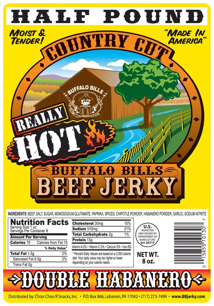 Buffalo Bills 8Oz Double Habanero Country Cut Beef Jerky Pack (Moist & Tender Really Hot Beef Jerky)