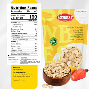 Sunbest Natural Raw Large Cashew Pieces 48 Oz (3 Lbs) 1 Pack - Unroasted & Unsalted For Cooking, Baking & Snacking - Fresh, Nutrient-Rich, Keto, Paleo & Vegan - Non-Gmo, Gluten-Free - Long-Lasting Freshness