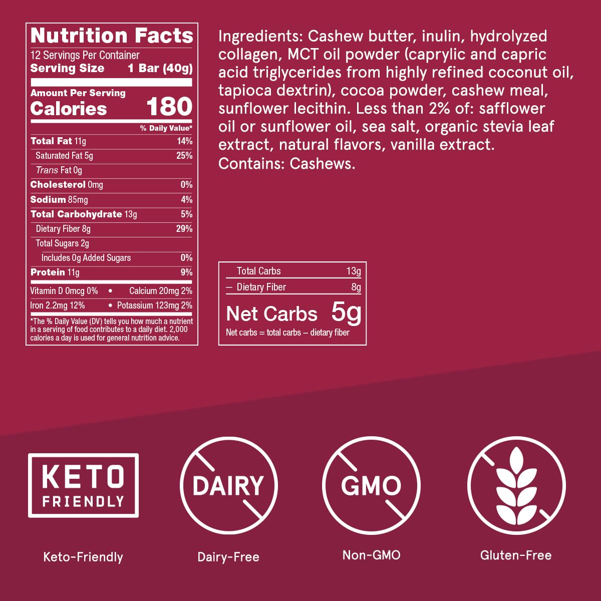 Bulletproof Fudge Brownie Collagen Protein Bars, Pack of 12, Keto-Friendly Snack with MCT Oil