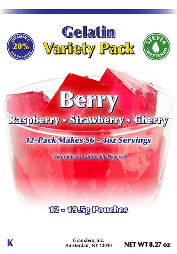 Gramzero Berry Variety (Raspberry, Strawberry, Cherry) Sugar Free Gelatin Mix 12-Pack, Zero Carb Dessert, Stevia Sweetened