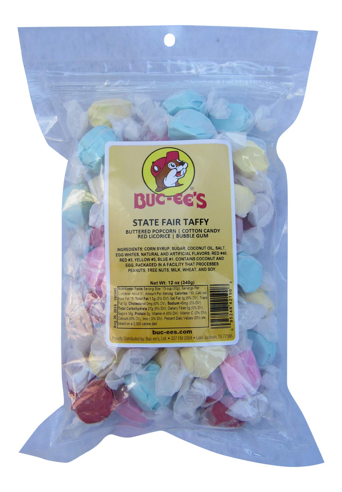 Buc-ees Taffy - State Fair Flavors (Bubble Gum, Buttered Popcorn, Cotton Candy, Red Licorice) - 12 Ounce - Resealable Bag - Red