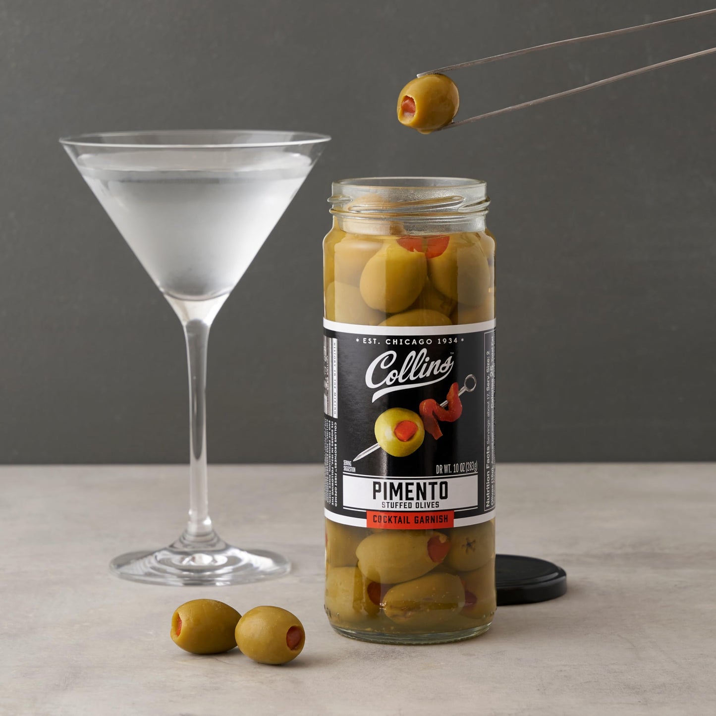 Collins Chicago Pimento Olives, Premium Garnish for Cocktails, 10oz Glass Jar, Black Lid