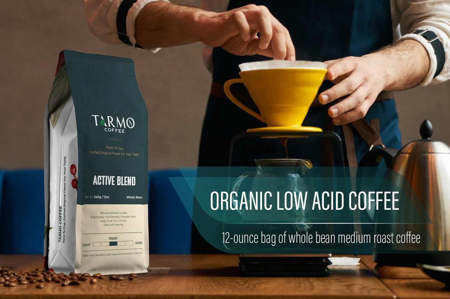 TARMO COFFEE Low Acid Arabica & Robusta Whole Bean Coffee, Medium Roast, 12 Oz Bag