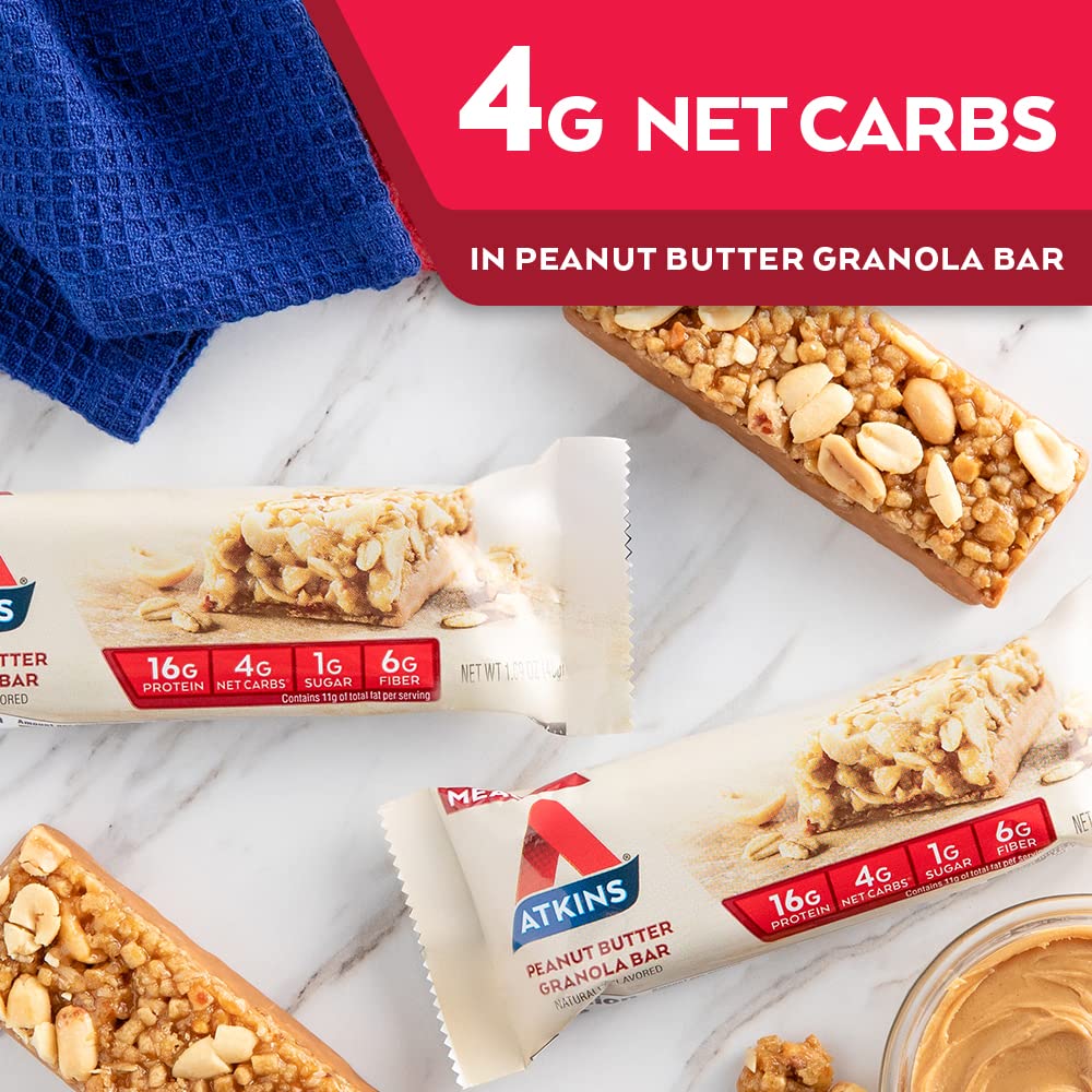 Atkins Peanut Butter Granola Protein Meal Bar, High Fiber, 16g Protein, 1g Sugar, 4g Net Carb, Meal Replacement, Keto Friendly,