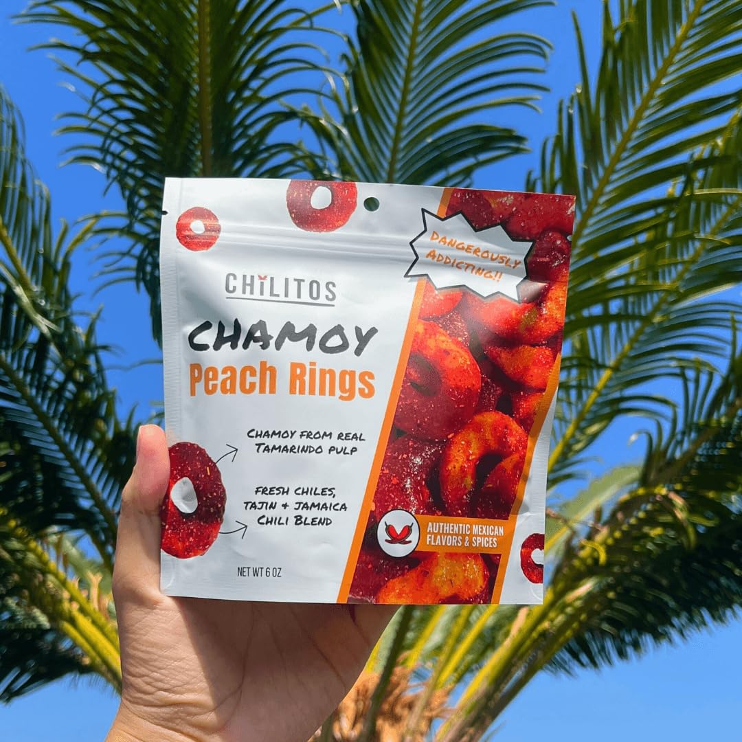 Chilitos Sweet, Sour & Spicy Chamoy Candy Gummy Candy 6 oz Bag - Peach Rings