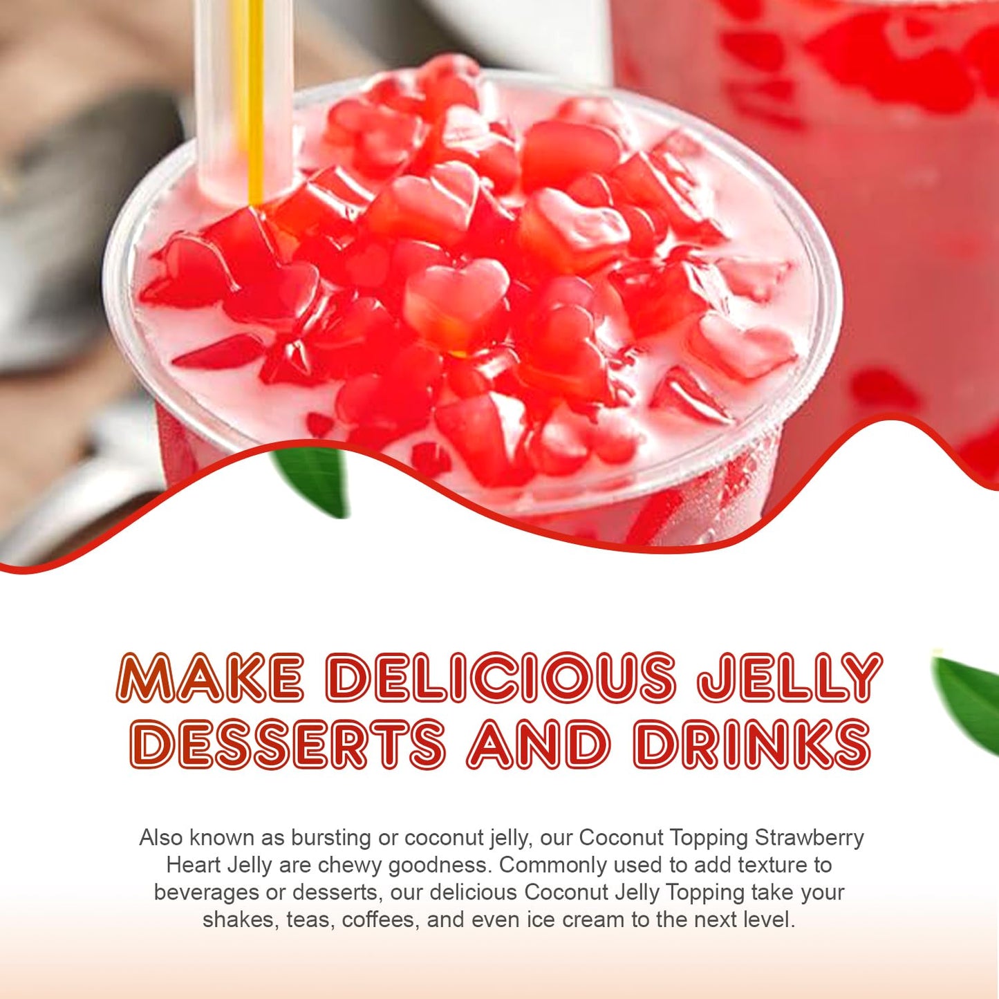 Fanale Coconut Jelly Topping Nata De Coco For Boba Tea | Ice Cream | Yogurt | Smoothie | Milk Tea | Desserts (Strawberry Heart S