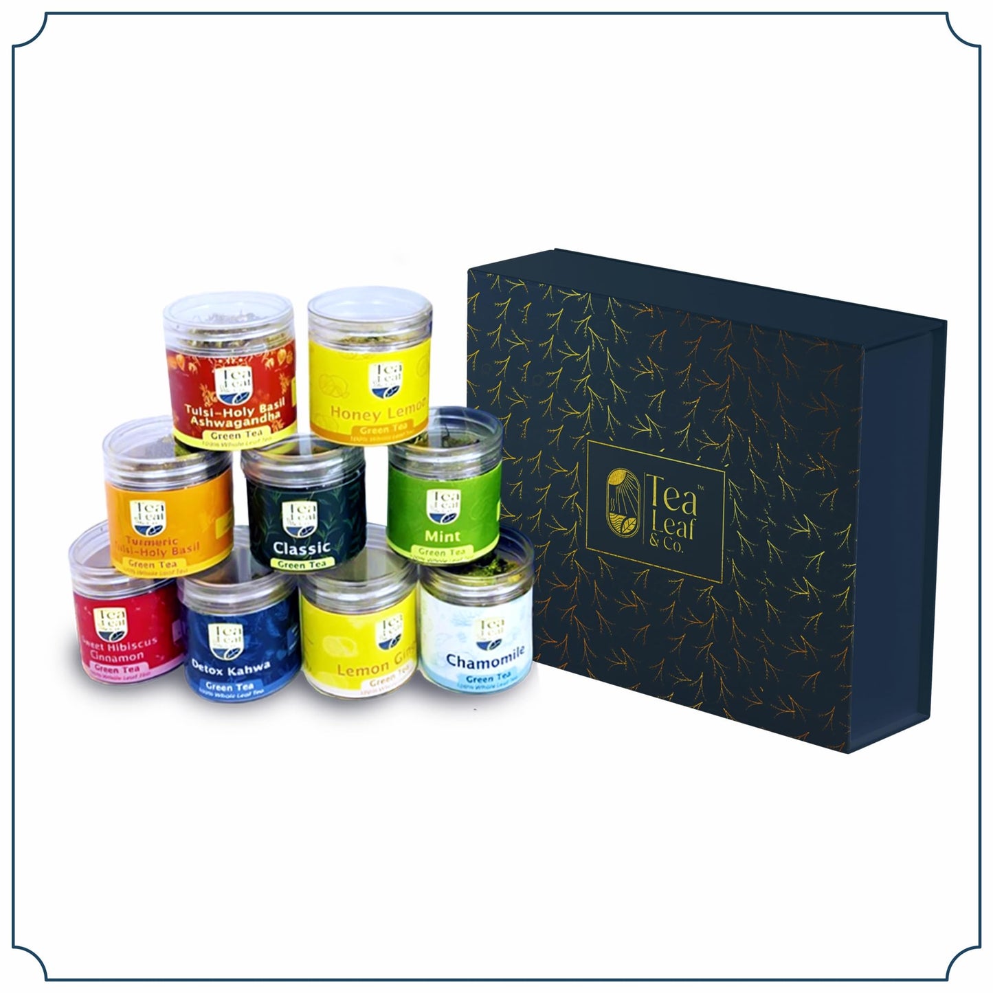 Tea Leaf & Co. Harmony Pure Delight 9 Pack Enhanced Tea Gift Combo Box (Classic, Tulsi Ashwagandha, Lemon Ginger, Mint, Detox Kahwa, Turmeric Tulsi, Honey Lemon, Sweet Hibiscus & Green Chamomile) - 8Oz