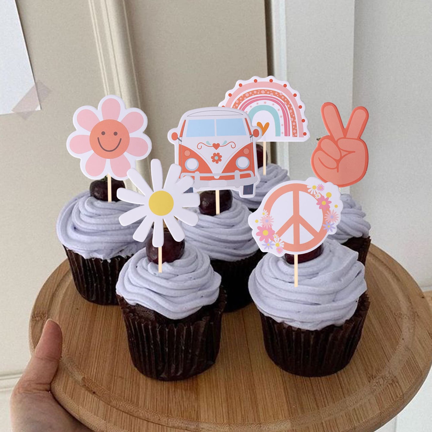 YCTHUNFISH 36 Pack Hippie Party Cupcake Toppers Rainbow Peace Sign Small Boho Birthday Decorations