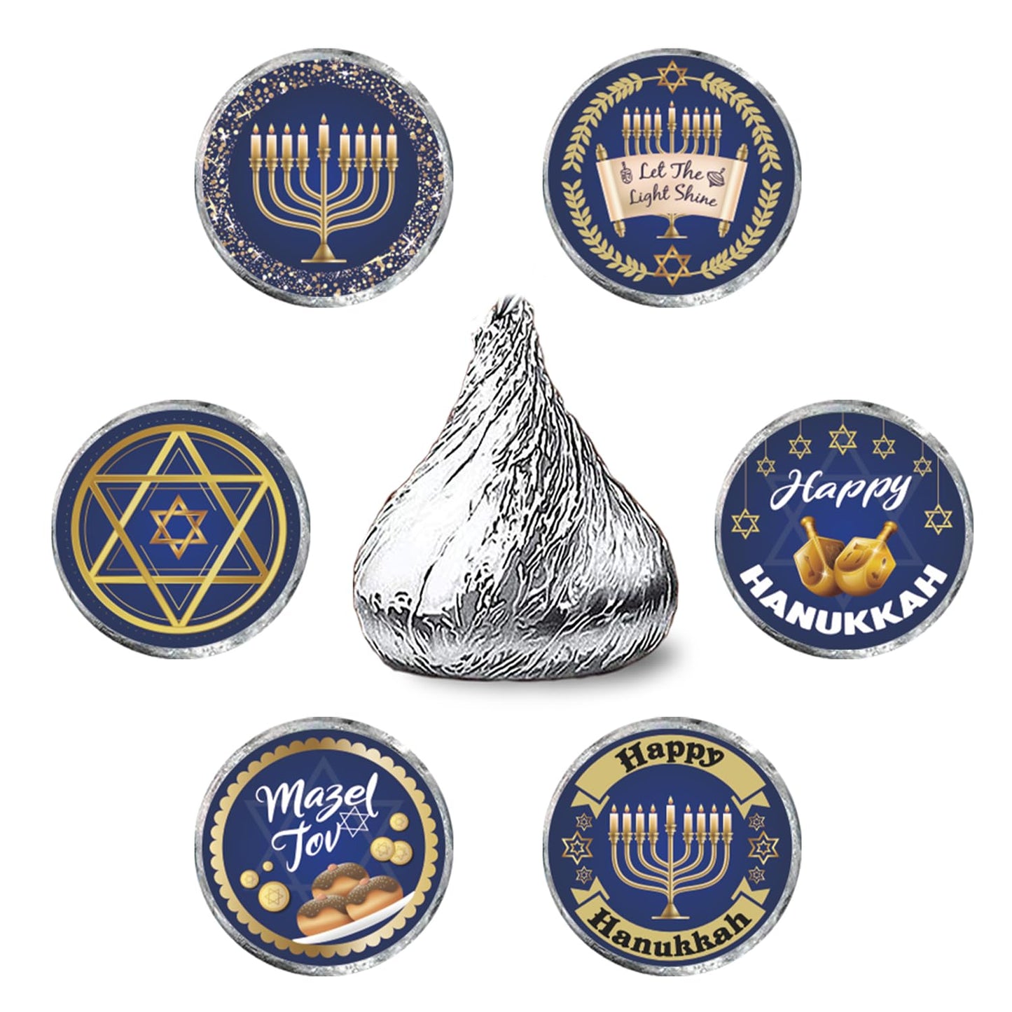 Happy Hanukkah Kiss Sticker Labels - Chanukah Party Round Candy Sticker Favors - Jewish Holiday Labels Fit Chocolate Candy (Set