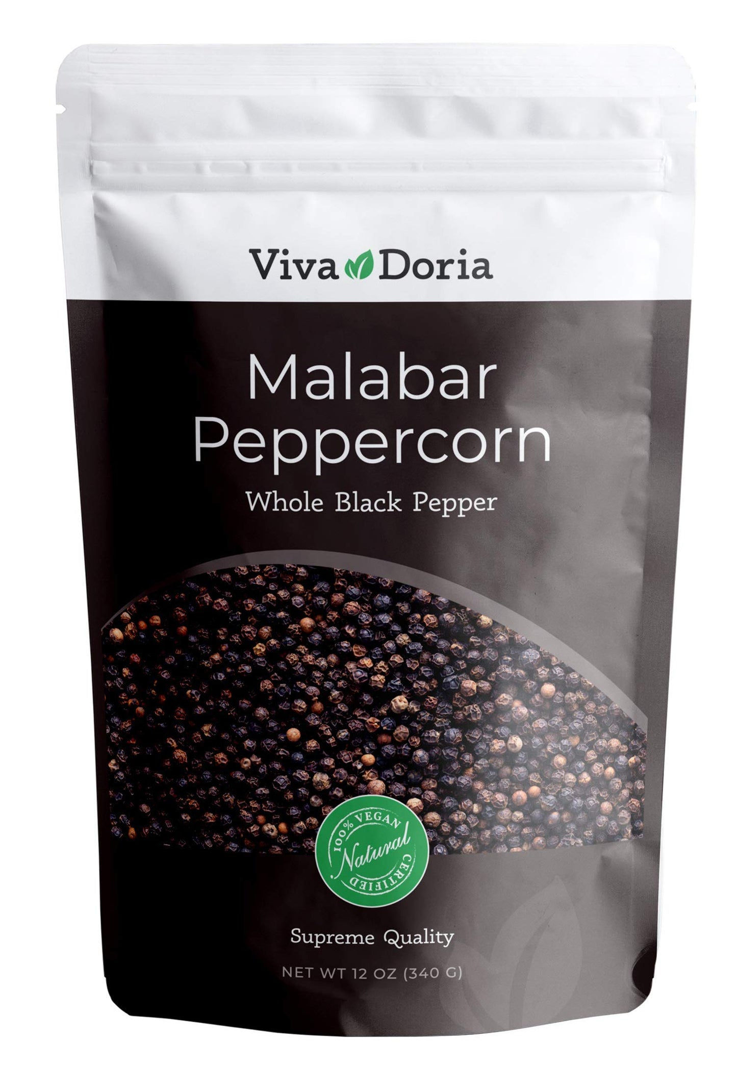 Viva Doria Malabar Black Peppercorns, Whole Black Pepper, Black Peppercorn For Grinder Refills, 12 Ounces