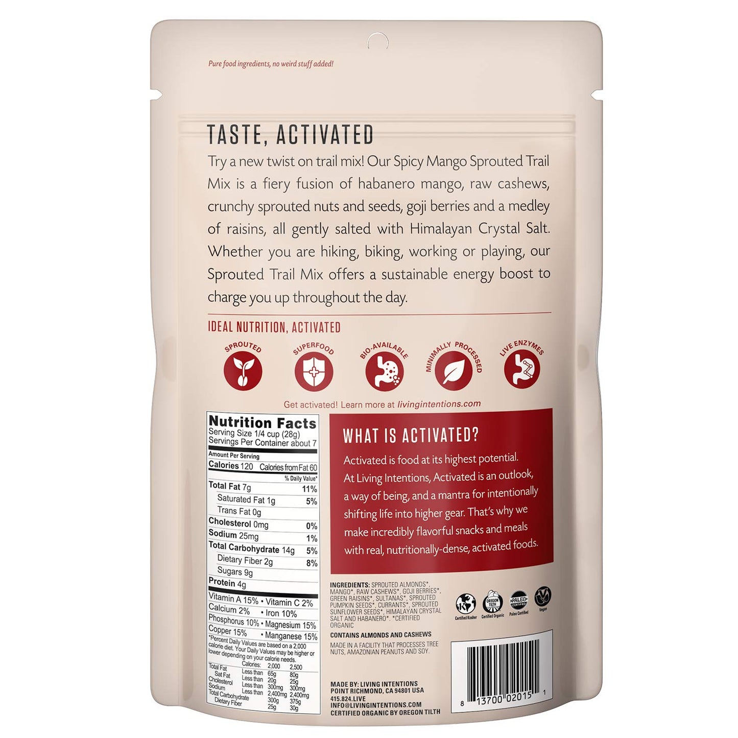 Living Intentions Organic Spicy Mango Trail Mix - Nongmo - Gluten Free - Vegan - Paleo - Kosher - 7 Ounce Unit