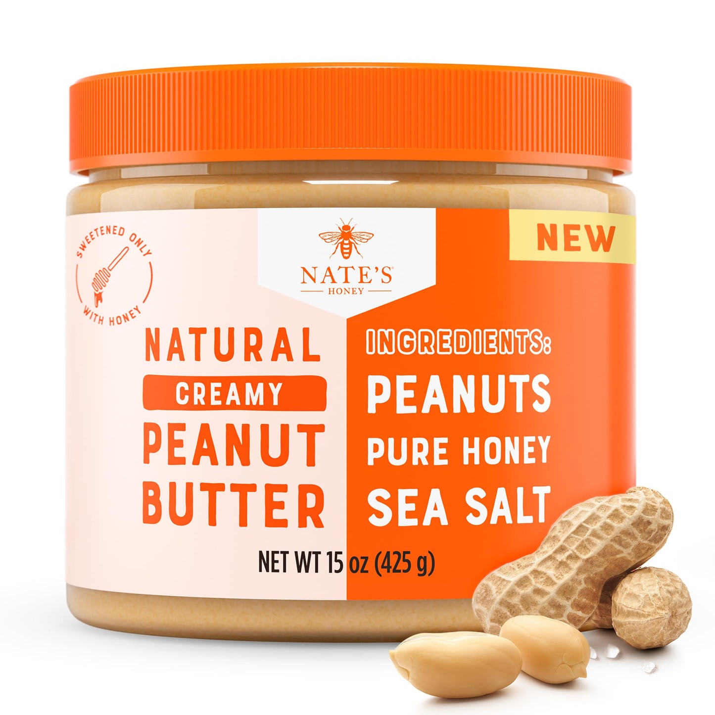 Nates Honey Peanut Butter, Creamy, All-Natural - 3 Real Ingredients, Sweetened Only with Pure Honey - 15 oz Jar - No Refined Su