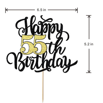 Leetaivie Happy 55Th Birthday Cake Topper, Black Gold Glitter Birthday Cake Topper, 55Th Anniversary/ 55Th Birthday Party Decora
