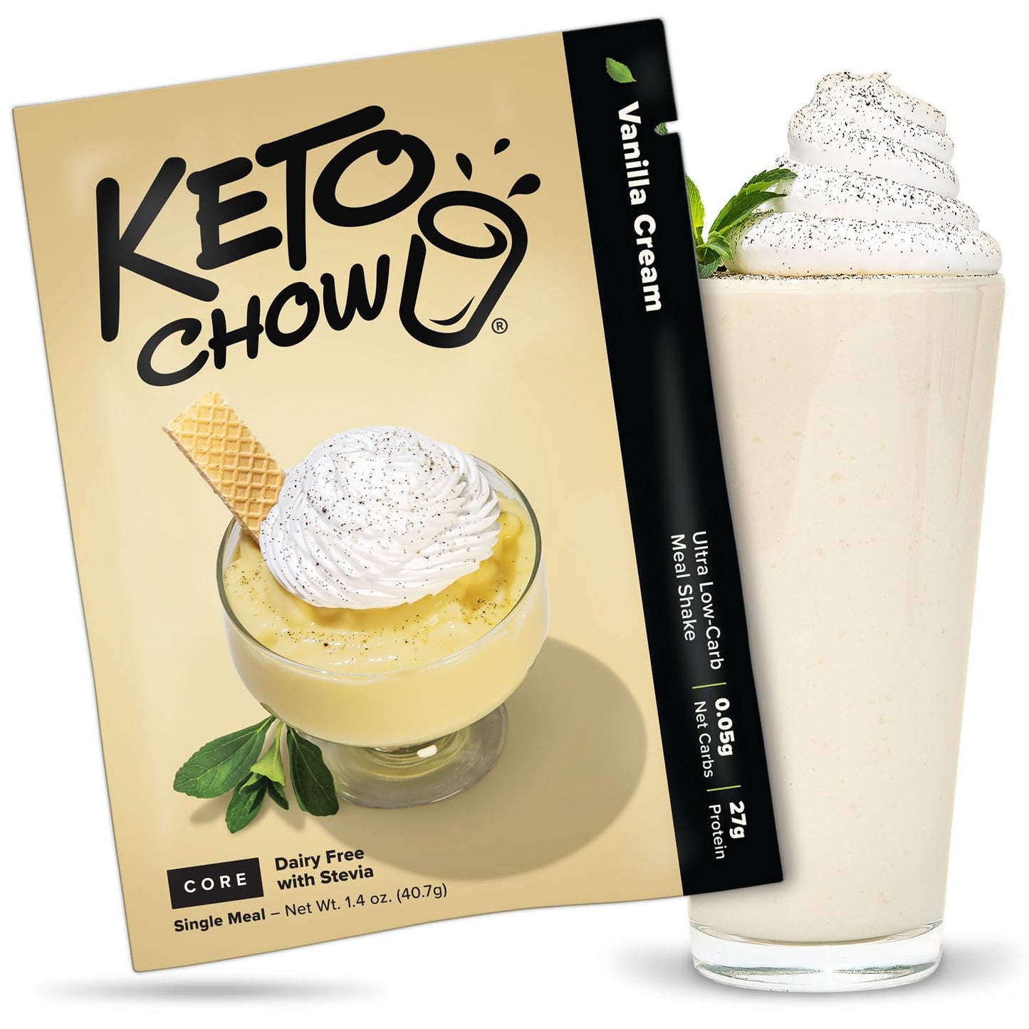 Keto Chow Vanilla Cream Meal Replacement Shake Powder - Low Carb, Protein Rich, Dairy Free - 1.4 Ounce Pack