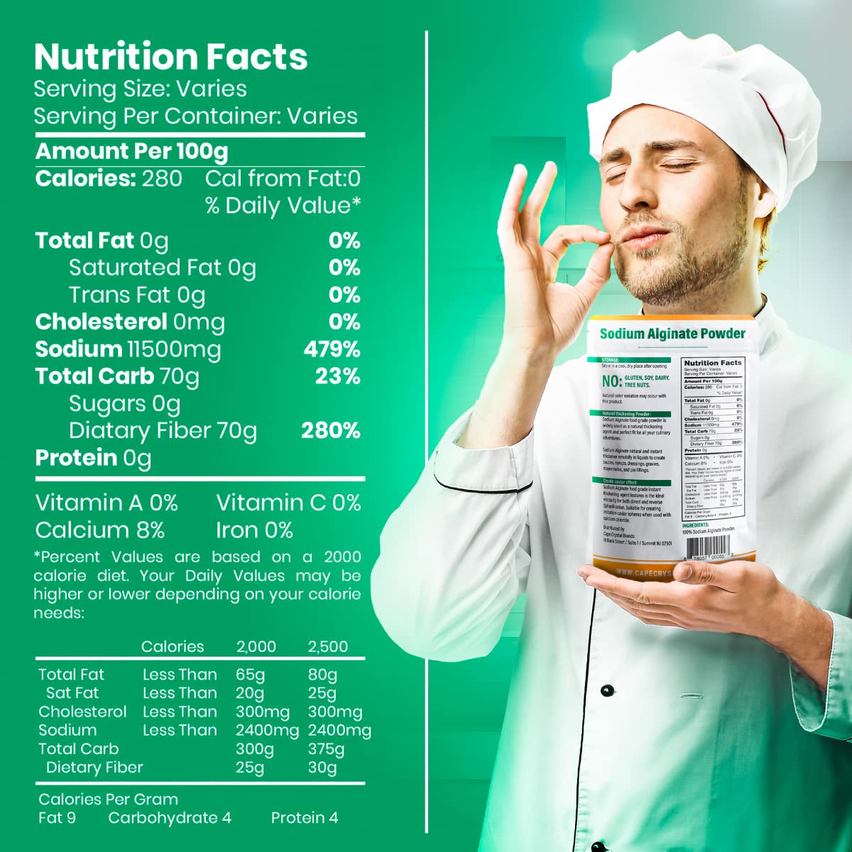 Sodium Alginate 100% Food Grade | Natural Thickening Powder & Gelling Agent For Cooking (2-Oz.)