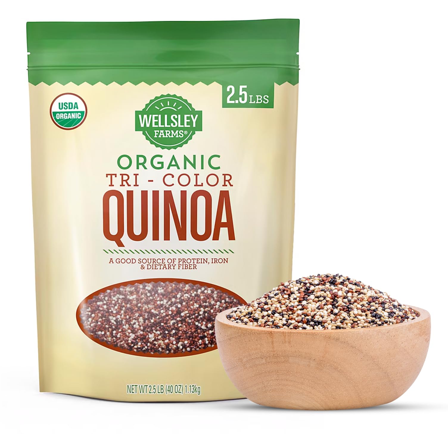 Wellsley Farms Organic Tri-Color Quinoa | USDA Certified Organic, Gluten-Free, Non-GMO, Kosher | Vegan Protein Source | High Fib