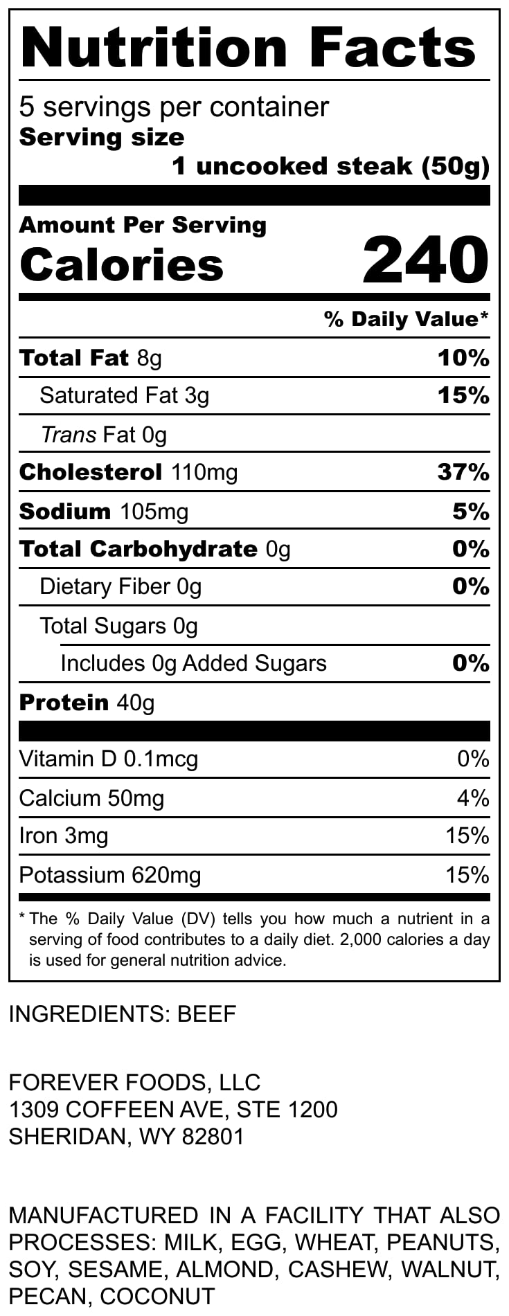 Forever Foods Uncooked Freeze-Dried Sirloin Steaks | 5-Count | Family Pack | Equivalent To 2 Lbs.