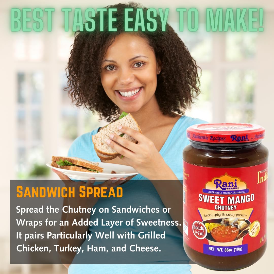 Rani Sweet Mango Chutney (Indian Preserve) 36Oz (2.2Lbs) 1Kg Value Pack, Glass Jar, Ready To Eat, Vegan, Pack Of 5+1 ~ Gluten Fr