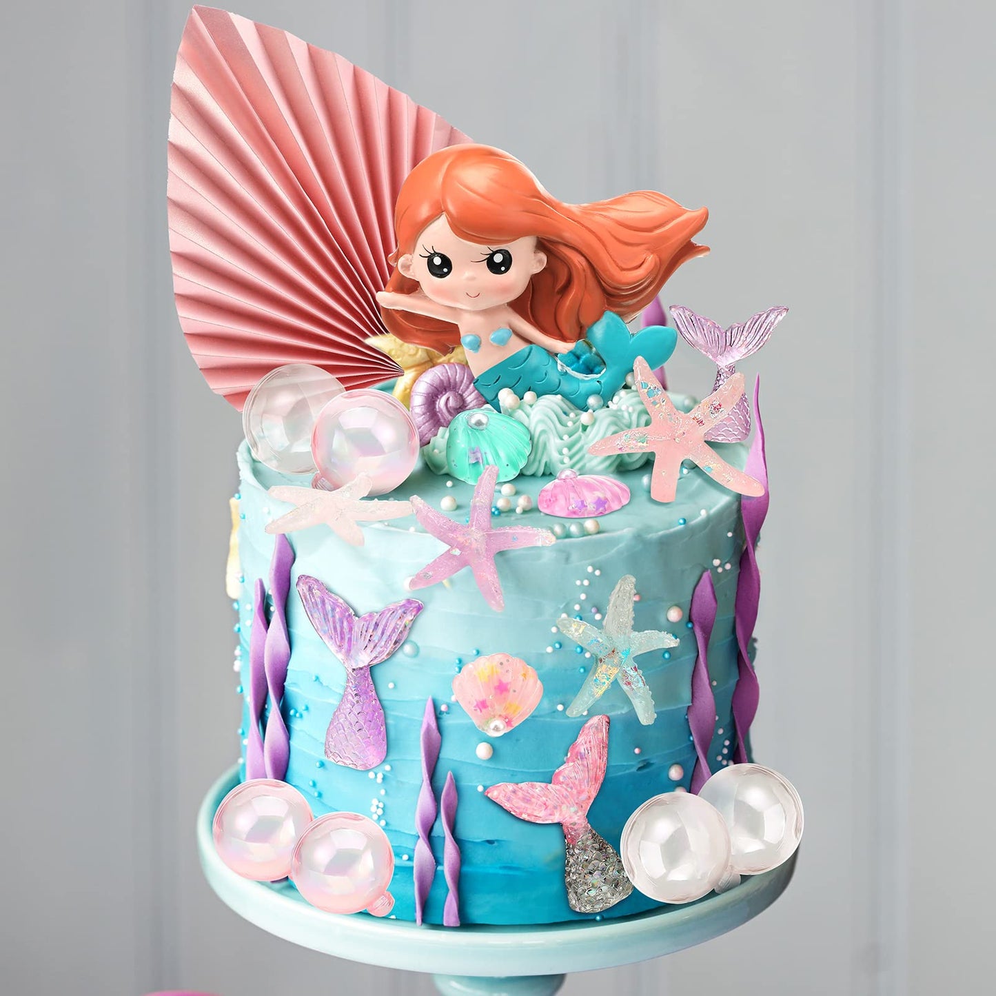 25 Pcs Mermaid Under The Sea Cake Toppers Kit With Little Resin 3D Mermaid Seaweed Palm Leaves Bubble Starfish Shell Mermaid Tai