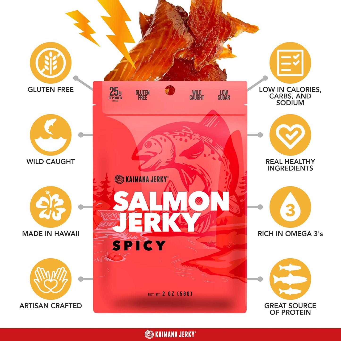 Kaimana Jerky Wild Caught Salmon Jerky - Spicy Flavor - 3 Pack of 2oz - Organic, Low-Calorie, Gluten-Free Seafood Snack