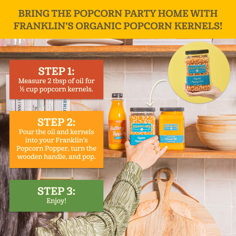 Franklins Gourmet Popcorn Organic Popcorn Kernels for Popping - 28oz Tub - Made in USA, Non-GMO & All-Natural - Old Fashioned Un