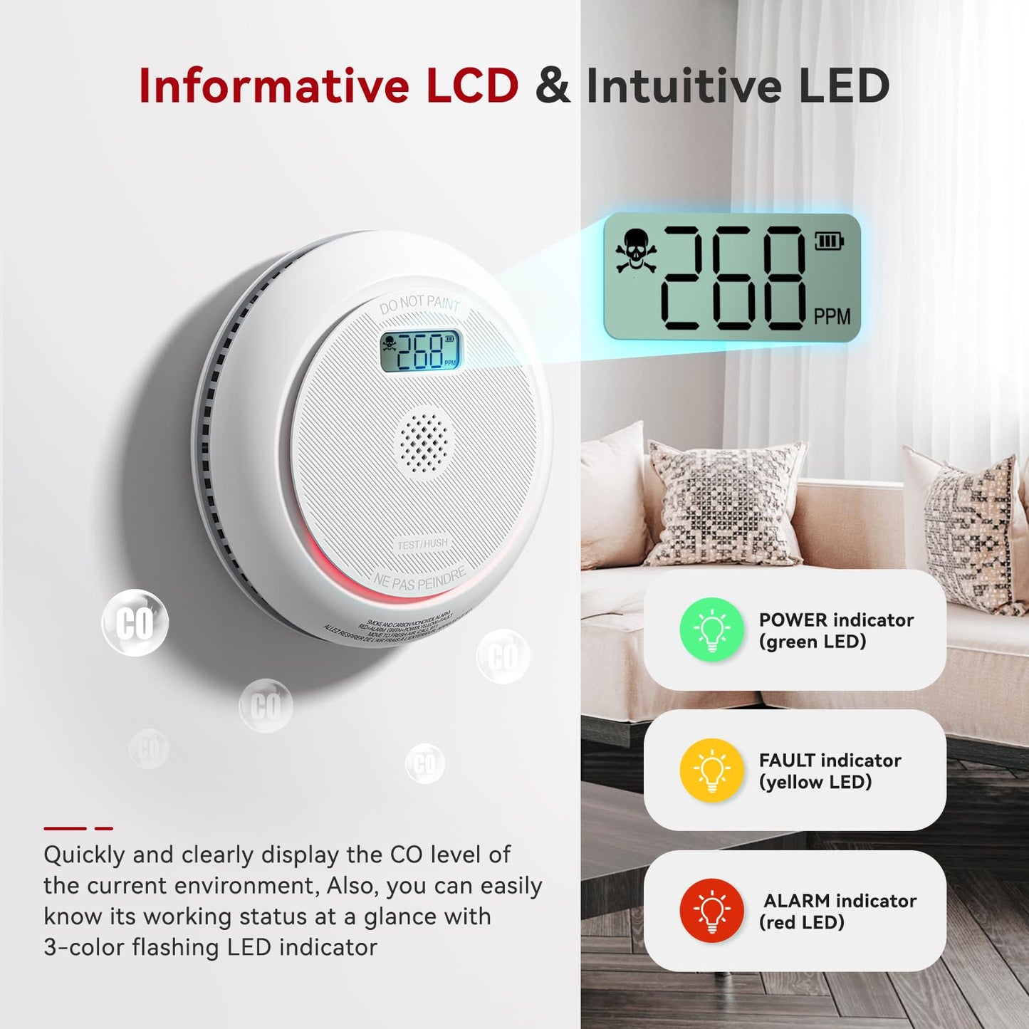 Siterlink Smart Smoke And Carbon Monoxide Detector Combo With Digital Display, 2 In 1 Wifi Fire And Co Alarm Detector, Replaceab