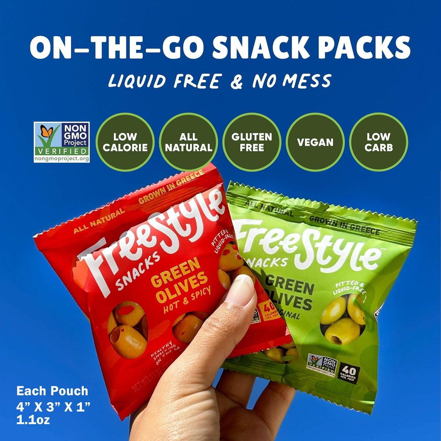 Freestyle Snacks Olive Snack Packs - Single Serve - Fresh Pitted Kalamata Olives, Jumbo-Sized, Grown In Greece, All Natural, Non