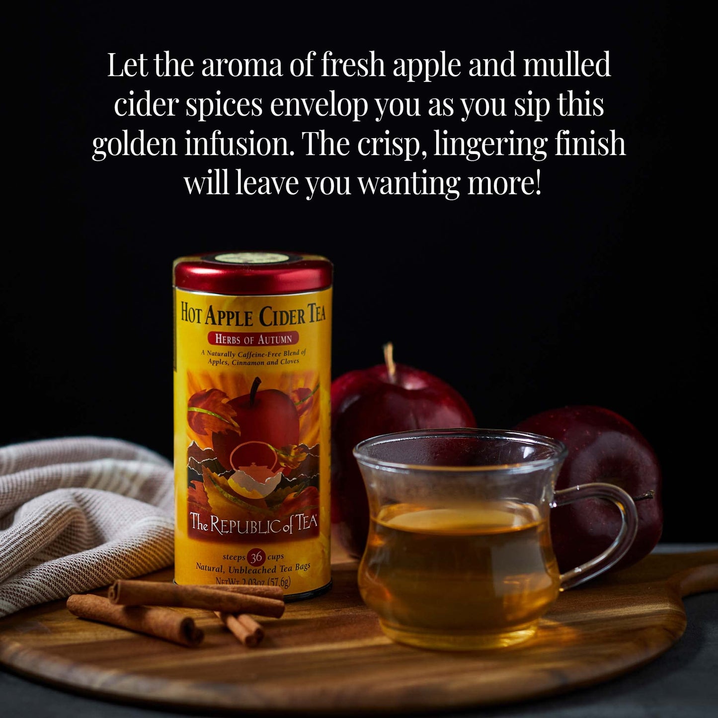 The Republic of Tea Hot Apple Cider Tea, Herbal Blend, Caffeine-Free, 36 Tea Bags, Tin, Model 0742676403050